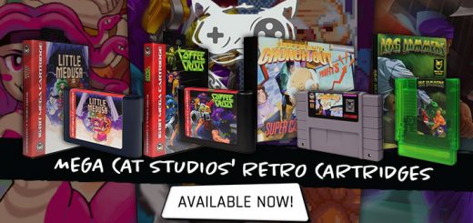 mega cat studios, game cartridge,classic game, US, north america, buy now, now available, little medusa, coffee crisis, log jammers, fork parker's crunch out, mega cat studios games