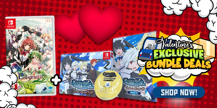 Exclusive Bundle Deals, Free Shipping Exclusive Bundle Deals, Is It Wrong to Try to Pick Up Girls in a Dungeon? Infinite Combate [Limited Edition] (Multi-Language), Omega Labyrinth Life, Dead or Alive Xtreme 3: Scarlet, Atelier Dusk Trilogy Deluxe Pack, Taiko no Tatsujin: Nintendo Switch Version!, Panty Party [Limited Edition], Omega Labyrinth Life [Limited Edition], Asia, Switch, Nintendo Switch, Buy now!, Valentine’s Promotions, Valentine’s Exclusive Bundle Deals, Valentine’s Deals